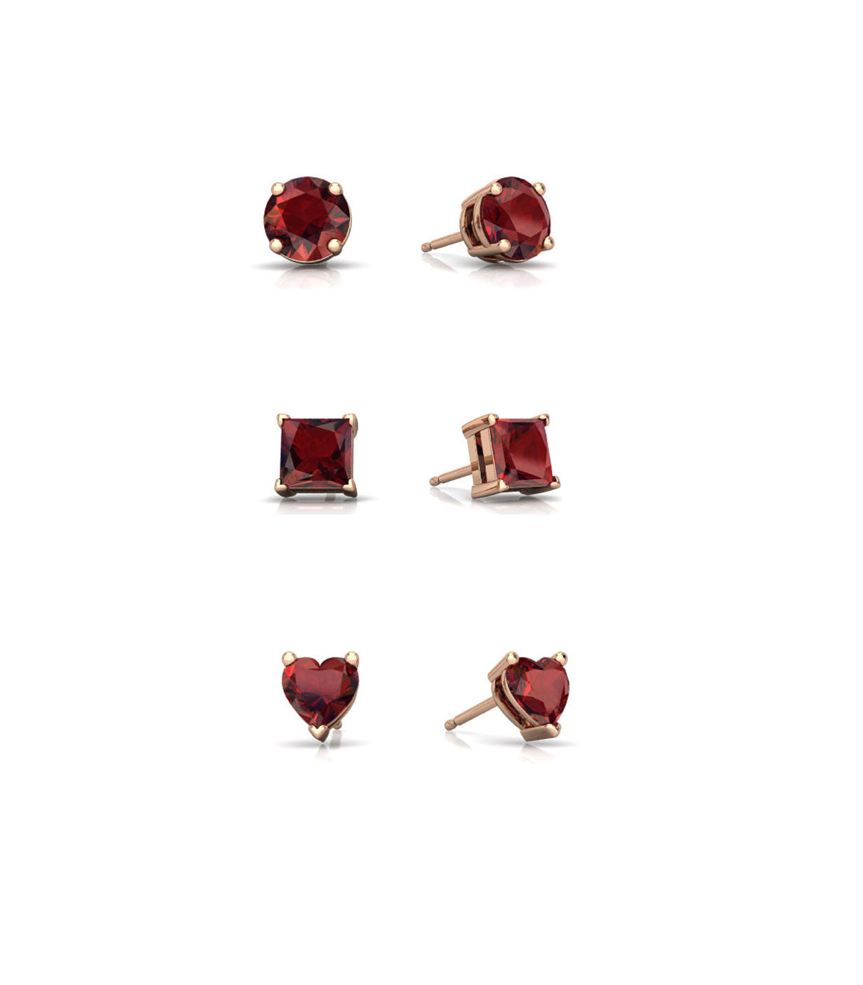 18k Rose Gold Plated 1Cttw 7mm Created Garnet 3 Pair Round, Square and Heart Stud Earrings