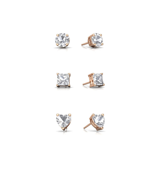 18k Rose Gold Plated 1Cttw 7mm Created White Sapphire 3 Pair Round, Square and Heart Stud Earrings