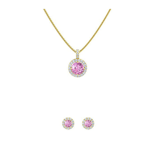 18K Yellow Gold 2ct Halo Pink Sapphire Round 18 Inch Necklace and Halo Earrings Set Plated