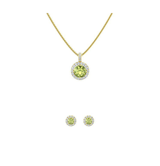 18K Yellow Gold 3ct Halo Peridot Round 18 Inch Necklace and Halo Earrings Set Plated