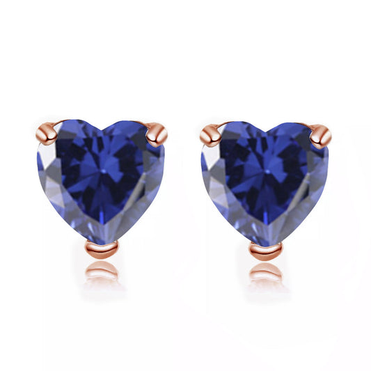 24k Rose Gold Plated 1 Carat Heart Created Blue Sapphire Stud Earrings