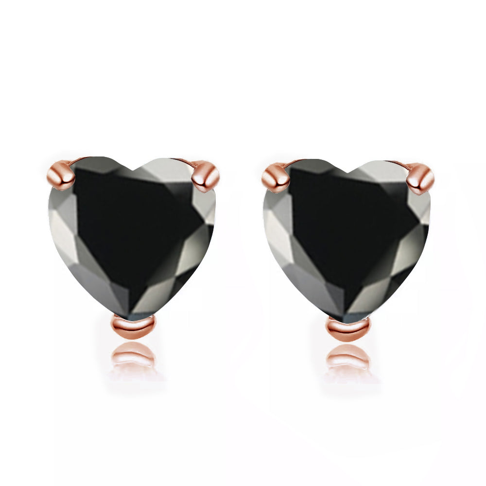 24k Rose Gold Plated 4 Carat Heart Created Black Sapphire CZ Stud Earrings