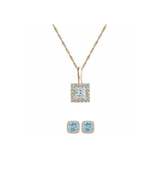 18K Yellow Gold 2ct Halo Aquamarine Square 18 Inch Necklace and Halo Earrings Set Plated