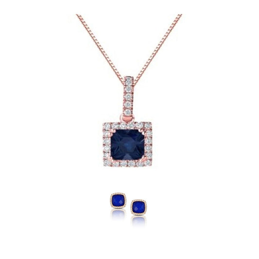 18K Rose Gold 4ct Halo Blue Sapphire Round 18 Inch Necklace and Square Halo Earrings Set Plated