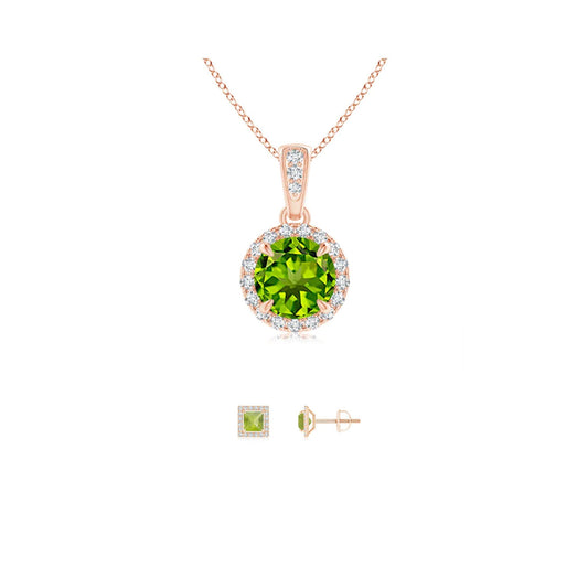 18K Rose Gold 4ct Halo Peridot Round 18 Inch Necklace and Halo Square Earrings Set Plated