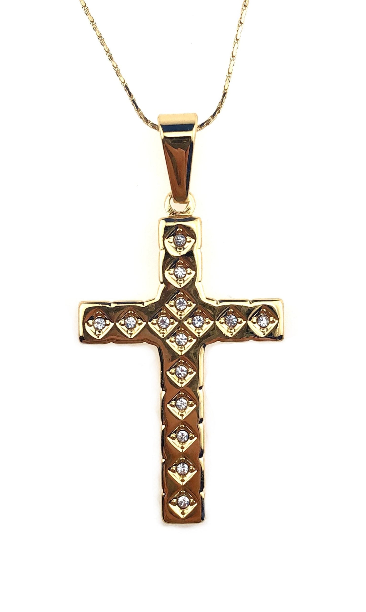 18K Yellow Gold 1 ct Created Diamond Cross Stud Necklace Plated 18 inch