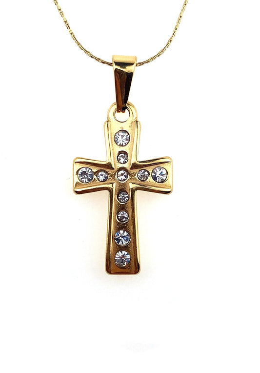 18K Yellow Gold 1 ct Created Diamond Cross Stud Necklace Plated 18 inch