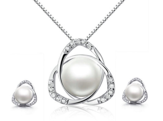 18K White Gold 1/2 ct Pearl Halo Round 18 Inch Necklace and Earrings Set Plated