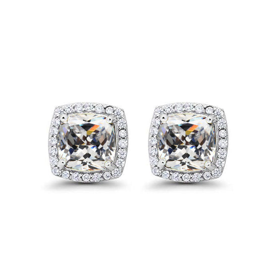 18k White Gold Plated 4 Ct Created Halo Princess CZ Cut White Sapphire Stud Earrings