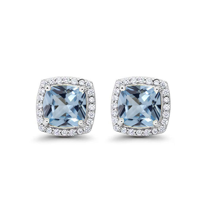 18k White Gold Plated 1/2 Ct Created Halo Princess Cut Aquamarine Stud Earrings