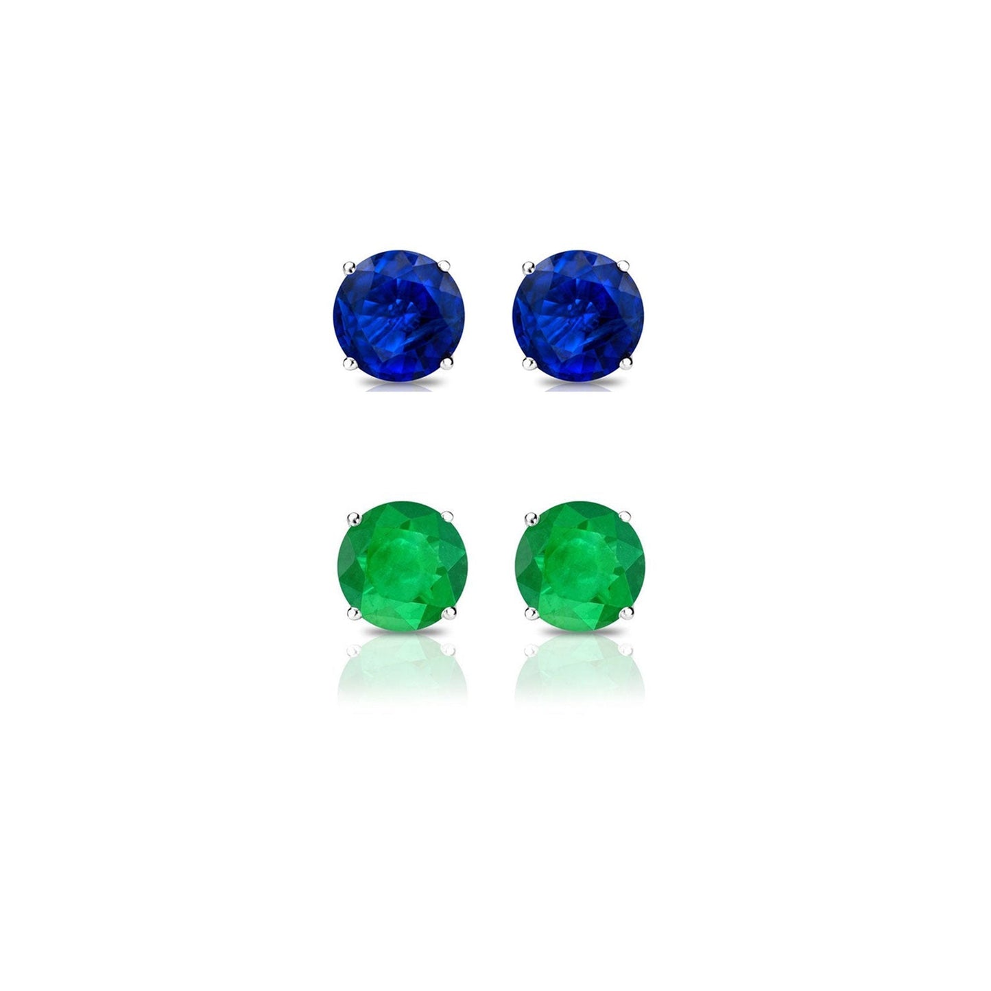 24k White Gold Plated 1Ct Created Blue Sapphire and Emerald 2 Pair Round Stud Earrings