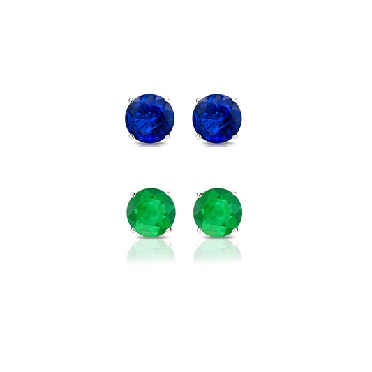 18k White Gold Plated  3Ct Created Blue Sapphire and Emerald 2 Pair Round Stud Earrings