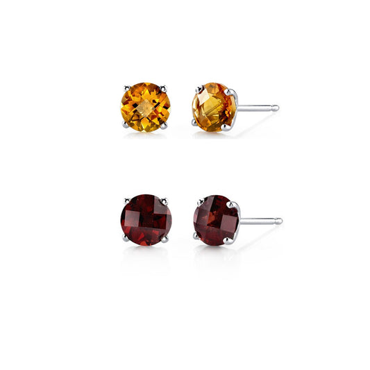 18k White Gold Plated 1Ct Created Citrine and Garnet 2 Pair Round Stud Earrings