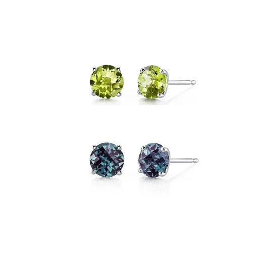 18k White Gold Plated 1/2Ct Created Peridot and Alexandrite 2 Pair Round Stud Earrings