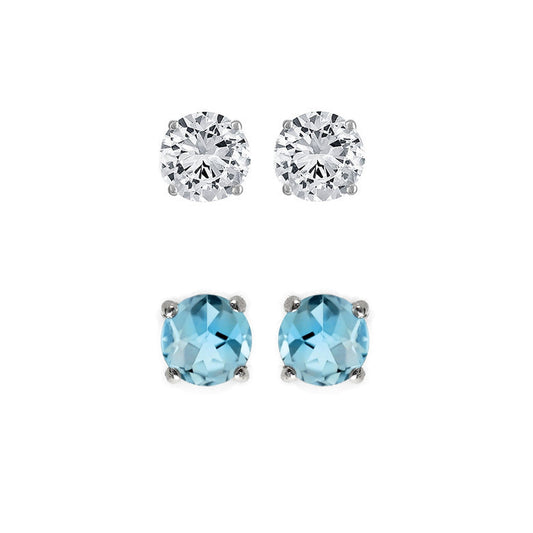 18k White Gold Plated 1/2Ct Created White Sapphire and Blue Topaz 2 Pair Round Stud Earrings