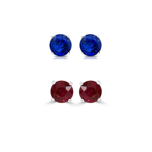 24k White Gold Plated 3Ct Created Blue sapphire and  Ruby 2 Pair Round Stud Earrings