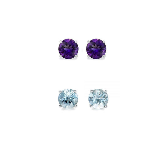 24k White Gold Plated 1/2Ct Created Amethyst and Aquamarine 2 Pair Round Stud Earrings