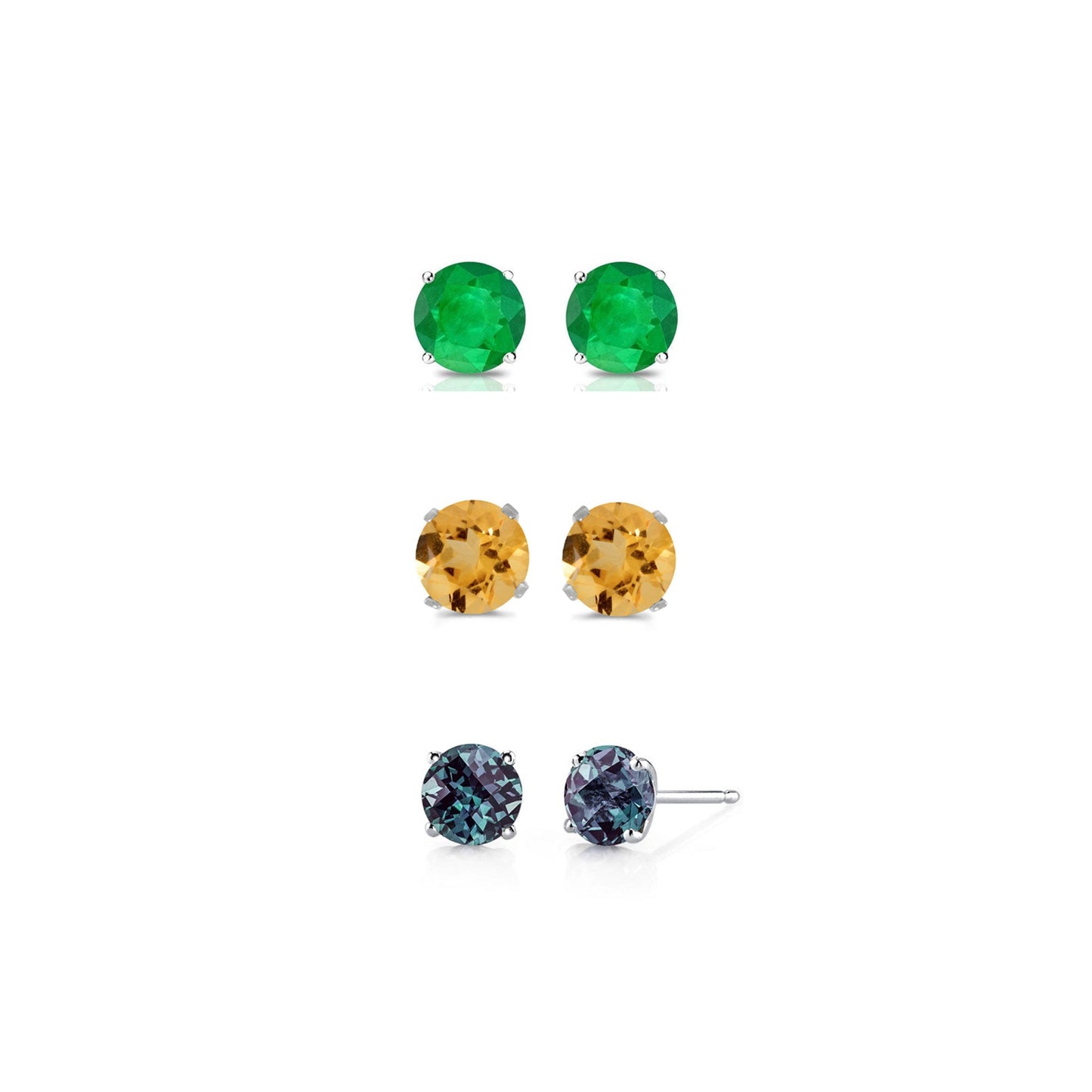 18k White Gold Plated 3Ct Created Emerald, Citrine and Alexandrite 3 Pair Round Stud Earrings