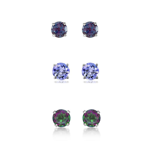 18k White Gold Plated 3Ct Created Alexandrite, Tanzanite and Mystic Topaz 3 Pair Round Stud Earrings
