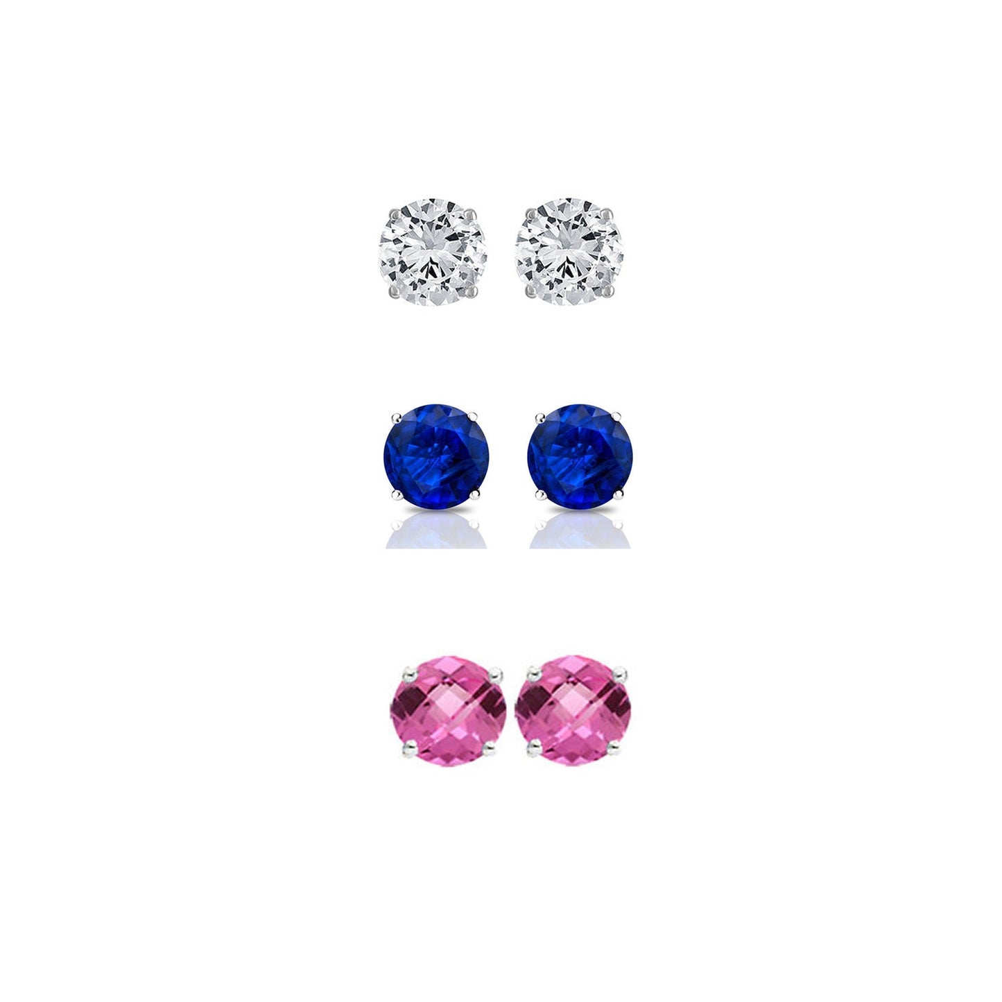 18k White Gold Plated 3Ct Created White Sapphire, Blue Sapphire and Pink Sapphire 3 Pair Round Stud Earrings