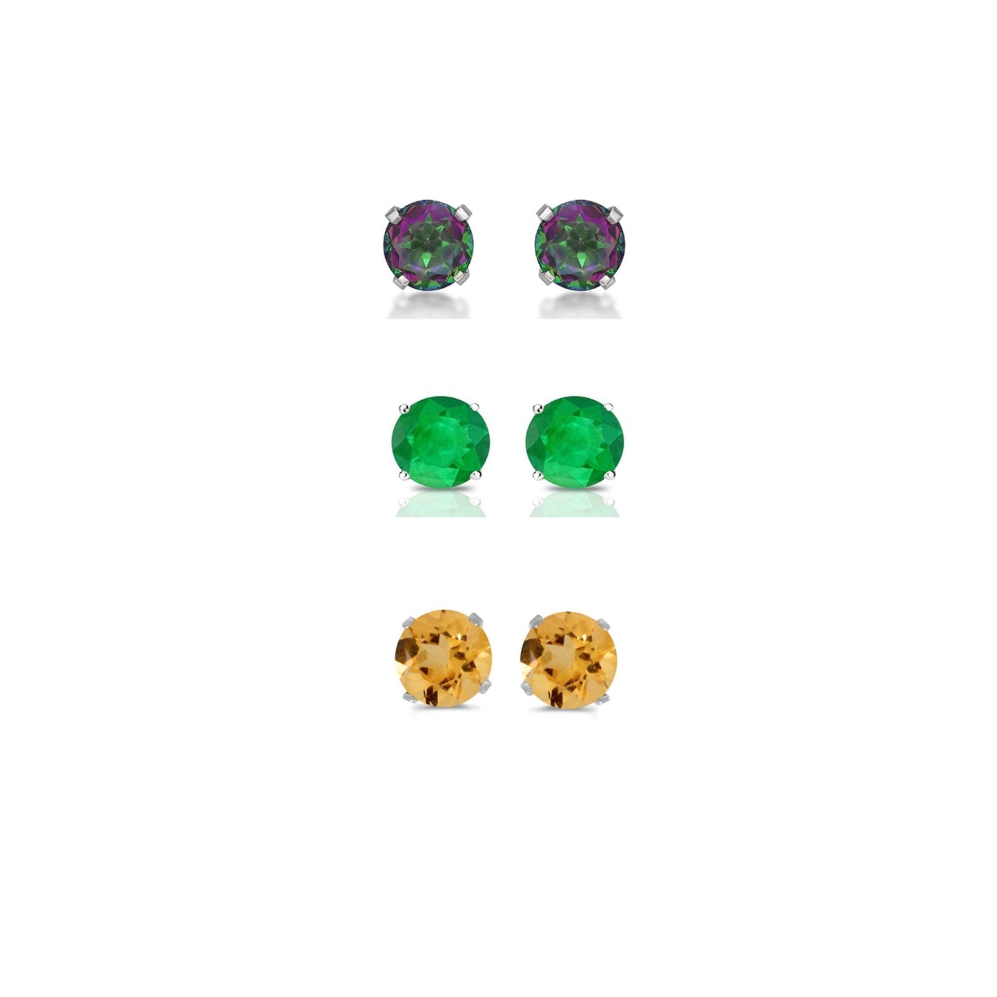 18k White Gold Plated 1Ct Created Mystic Topaz, Emerald and Citrine 3 Pair Round Stud Earrings