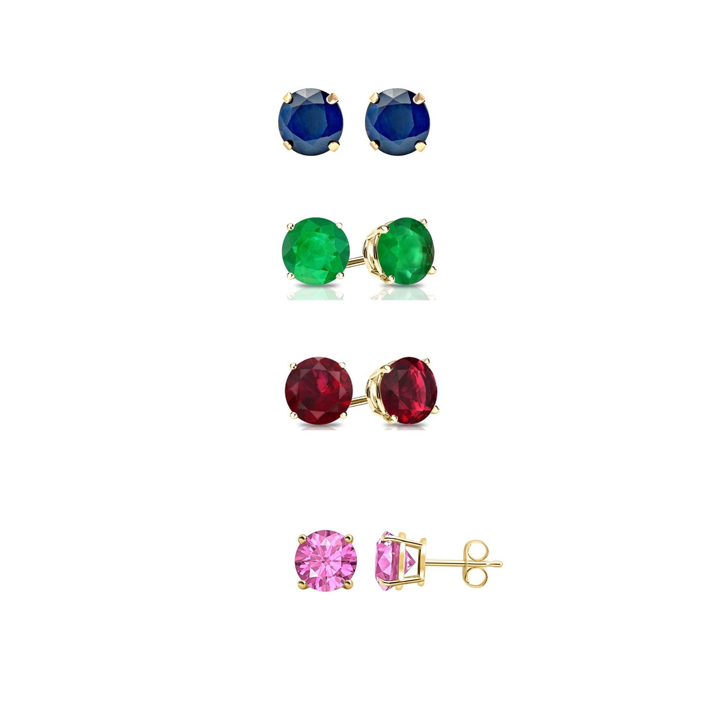 18k Yellow Gold Plated 1/2Ct Created Blue Sapphire, Emerald, Ruby and Pink Sapphire 4 Pair Round Stud Earrings