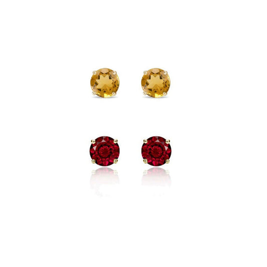 18k Yellow Gold Plated 2Ct Created Citrine and Garnet 2 Pair Round Stud Earrings