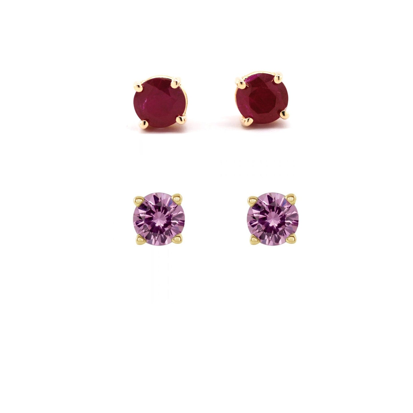 24k Yellow Gold Plated 3Ct Created Ruby and Pink Sapphire 2 Pair Round Stud Earrings