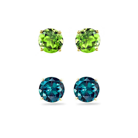 24k Yellow Gold Plated 3Ct Created Peridot and Alexandrite 2 Pair Round Stud Earrings