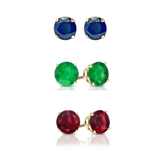 24k Yellow Gold Plated 1/2Ct Created Blue Sapphire, Emerald and Ruby 3 Pair Round Stud Earrings