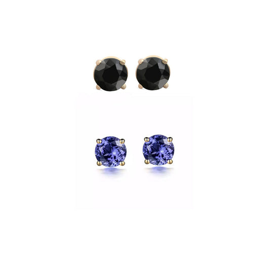 18k Yellow Gold Plated 4Ct Created Black Sapphire and Tanzanite 2 Pair Round Stud Earrings