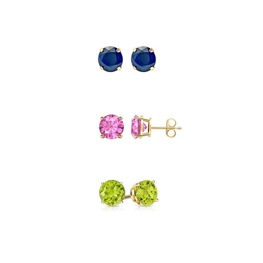 18k Yellow Gold Plated 1Ct Created Blue Sapphire, Pink Sapphire and Peridot 3 Pair Round Stud Earrings
