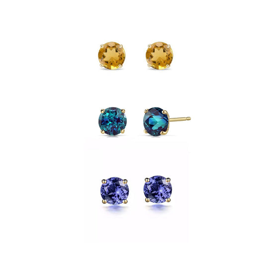 24k Yellow Gold Plated 1Ct Created Citrine, Alexandrite and Tanzanite 3 Pair Round Stud Earrings