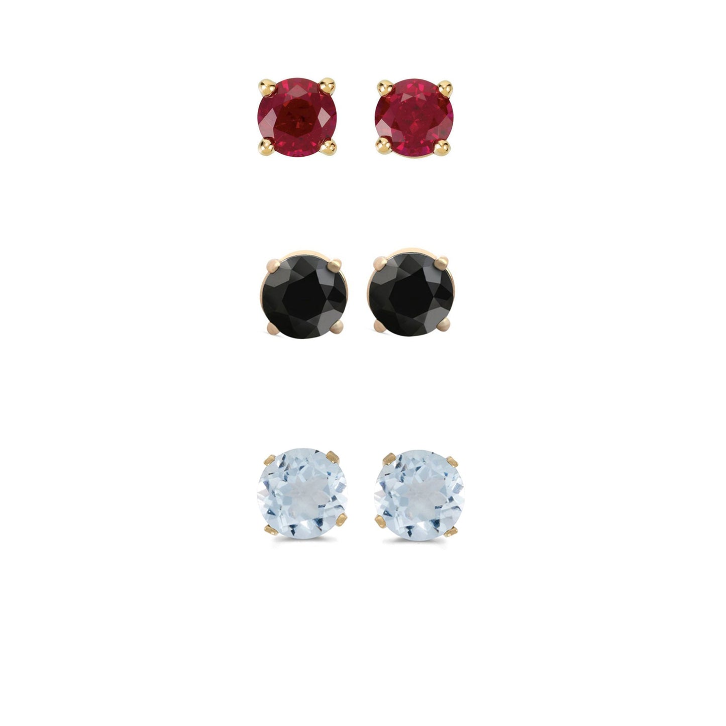 18k Yellow Gold Plated 1/2Ct Created Garnet, Black Sapphire and Aquamarine 3 Pair Round Stud Earrings