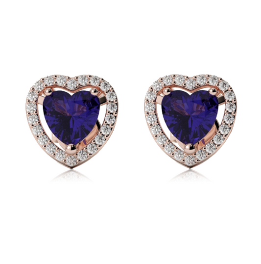 18k Rose Gold Plated 1/2 Ct Created Halo Heart Blue Sapphire Stud Earrings