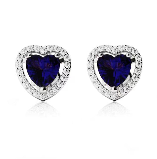 24k White Gold Plated 4 Ct Created Halo Heart Blue Sapphire Stud Earrings