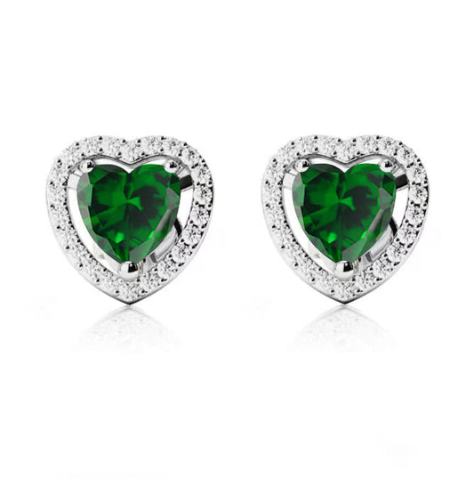18k White Gold Plated 1/2 Ct Created Halo Heart Emerald Stud Earrings