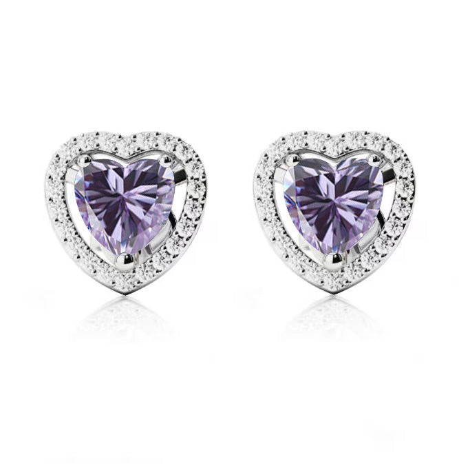 18k White Gold Plated 1 Ct Created Halo Heart Tanzanite Stud Earrings