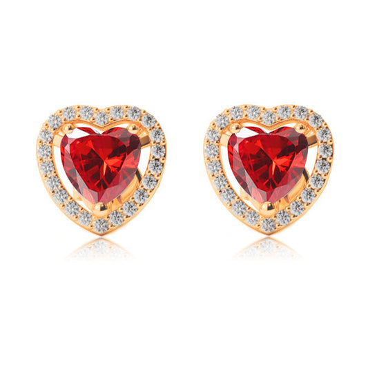 18k Yellow Gold Plated 3 Ct Created Halo Heart Ruby Stud Earrings