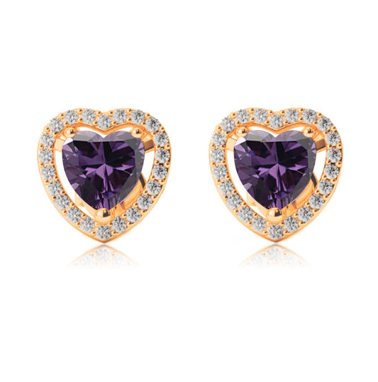 18k Yellow Gold Plated 3 Ct Created Halo Heart Amethyst Stud Earrings