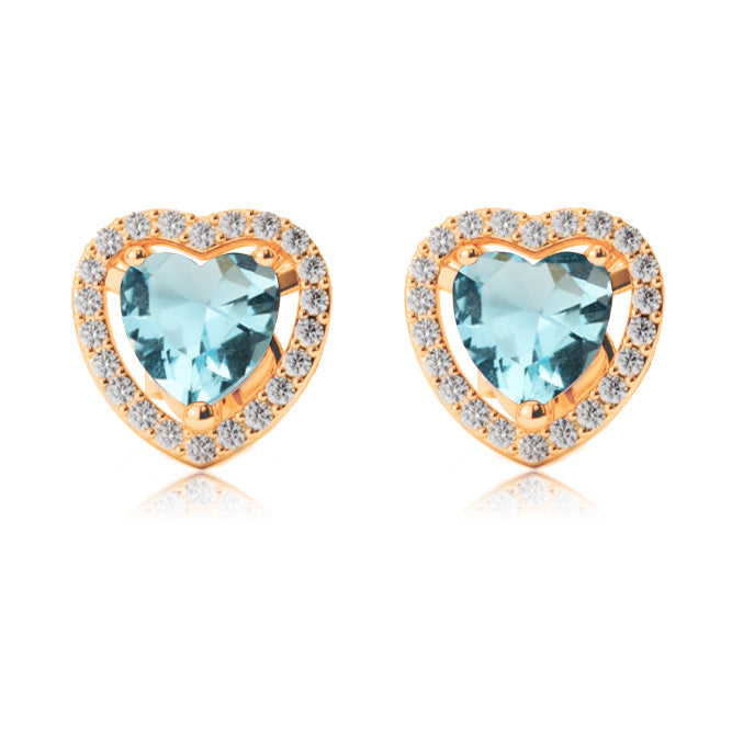 24k Yellow Gold Plated 1/2 Ct Created Halo Heart Aquamarine Stud Earrings