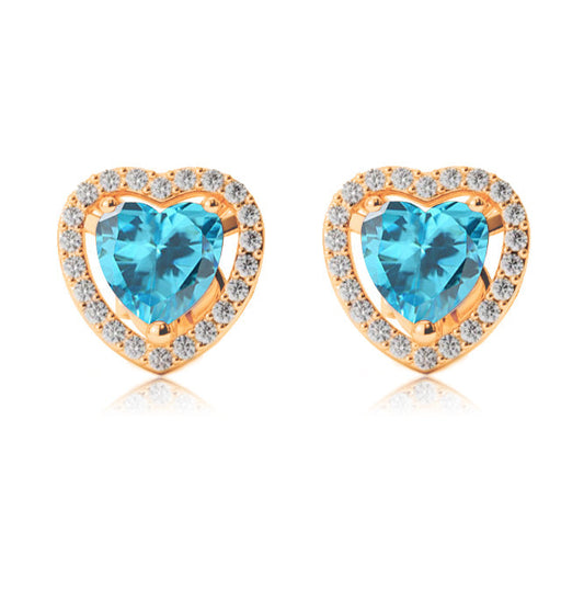 24k Yellow Gold Plated 1/2 Ct Created Halo Heart Blue Topaz Stud Earrings