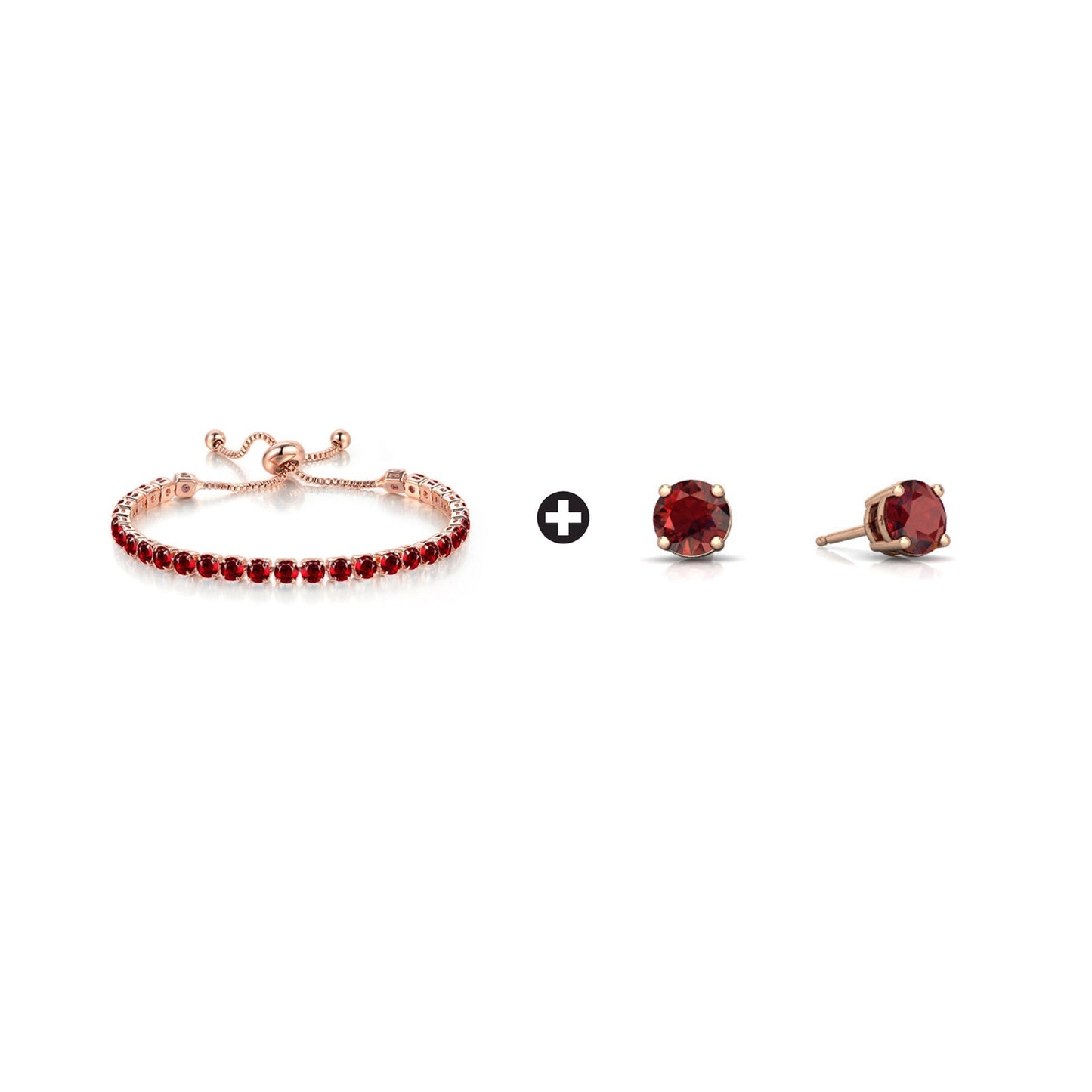 18k Rose Gold 6 Cttw Created Garnet Round Adjustable Tennis Plated Bracelet and Earrings Set