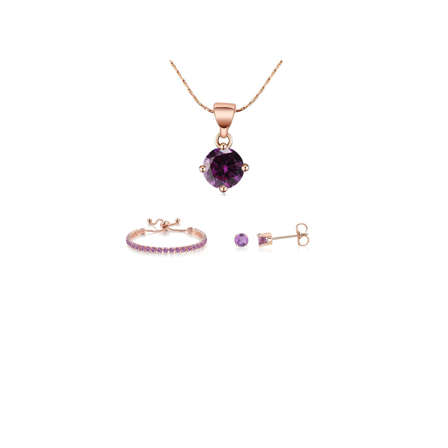 10k Rose Gold 6 Ct Round Created Amethyst Set of Necklace, Earrings and Bracelet Plated1111111111111111111111111111111111111111111111111111111111111111111111111111111111111111111111111111111111111 ++ ++ ++ ++ ++ ++ ++ ++ ++ ++ ++ ++ ++ ++ ++ ++ ++ ++ ++