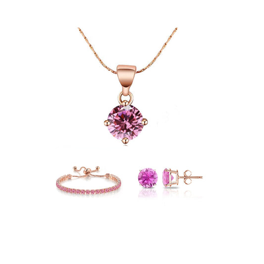 10k Rose Gold 6 Ct Round Created Pink Sapphire Set of Necklace, Earrings and Bracelet Plated1111111111111111111111111111111111111111111111111111111111111111111111111111111111111111111111111111111111111 ++ ++ ++ ++ ++ ++ ++ ++ ++ ++ ++ ++ ++ ++ ++ ++ ++ ++