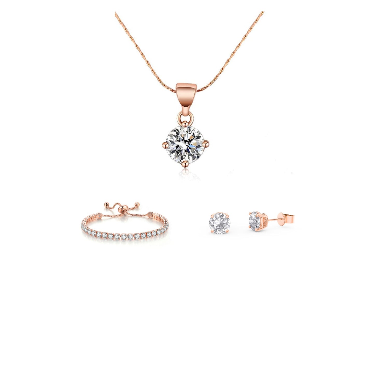 18k Rose Gold 6 Ct Round Created White Sapphire Set of Necklace, Earrings and Bracelet Plated