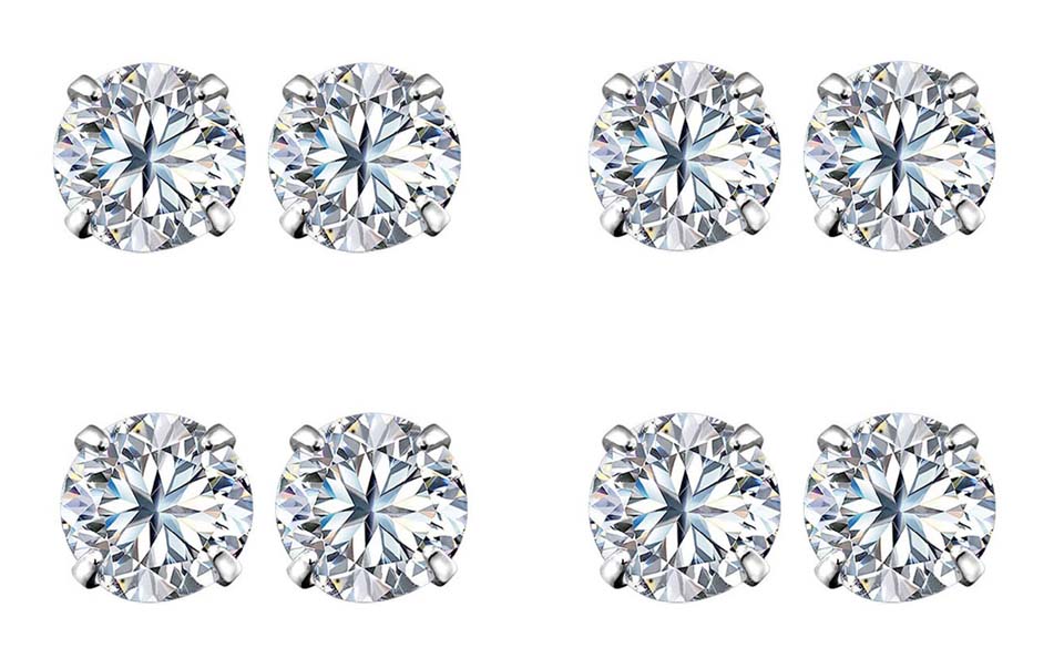18k White Gold Plated 6mm 4Ct Round White Sapphire Set Of Four Stud Earrings