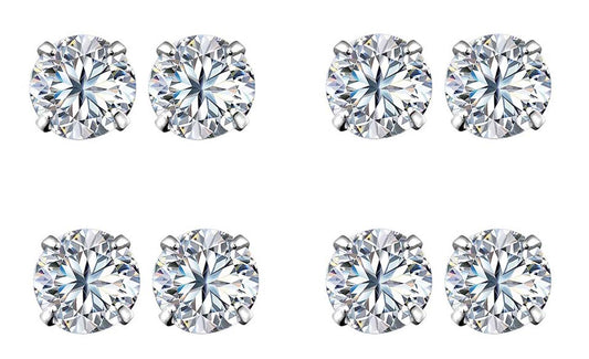 18k White Gold Plated 3Ct Round White Sapphire Set Of Four Stud Earrings