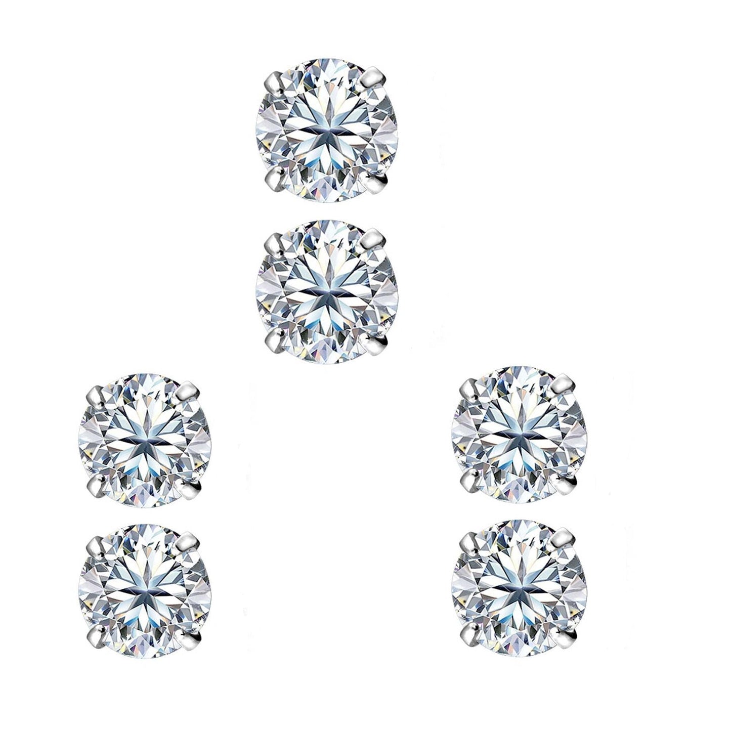 18k White Gold Plated 4mm 4Ct Round White Sapphire Set Of Three Stud Earrings
