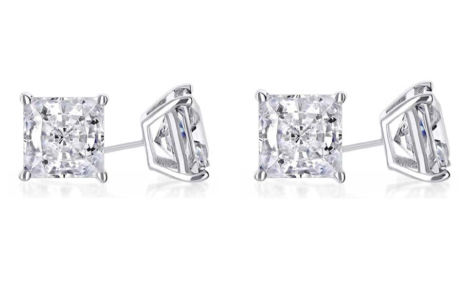 18k White Gold Plated 1Ct Princess Cut White Sapphire Set Of Two Stud Earrings